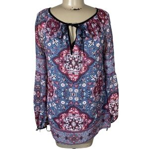 White House Black Market Floral BOHO Blue Red Peasant Blouse Velvet Trim Sz 2